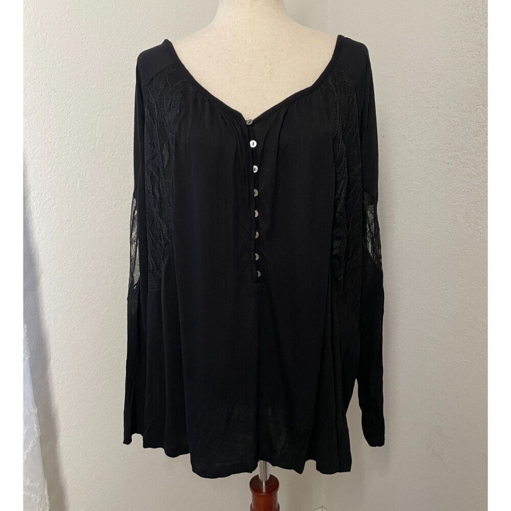 Nine West Womens Black Lace Sleeve Button Front Top Size 3X Witchy Goth Romantic